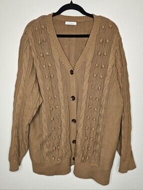 Neuflora Camel Popcorn Cable-Knit Button Cardigan